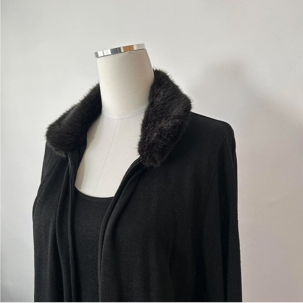 Vintage Y2K Grunge Norton McNaughton Black 100% Silk with Faux Fur Trim Cardigan - Picture 3 of 8